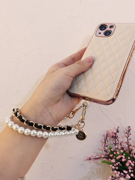 Pearl Camellia Leather Mobile Phone Charm Women's Chain Bracelet For IPhone Samsung Anti-lost Universal Cell Phone Strap Pendant